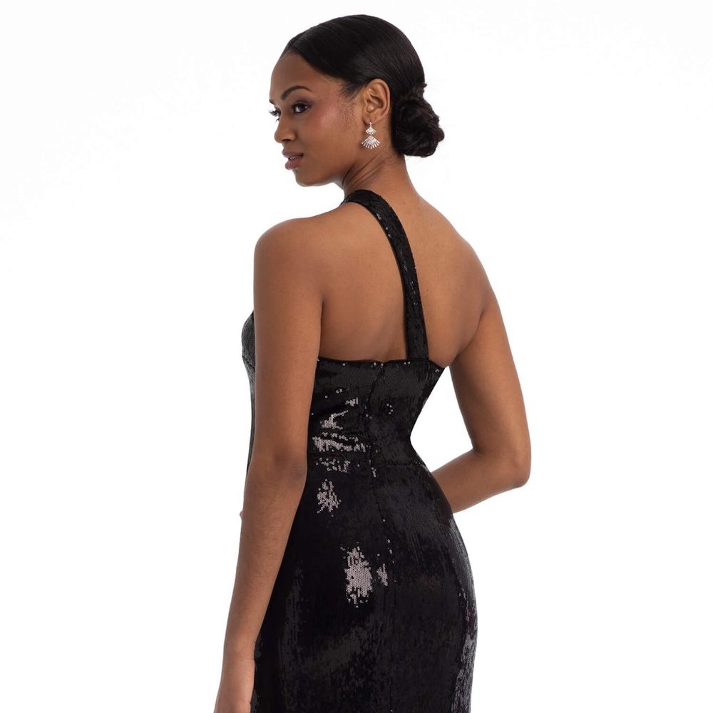 Sequin One Shoulder Cut Out Black Dress - Picture 2 of 9